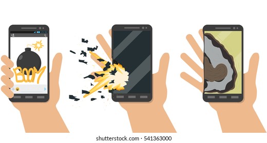 Explosion phone. Battery explosion. Terrorists using virus programs to overload battery, causing it to explod. Vector illustration