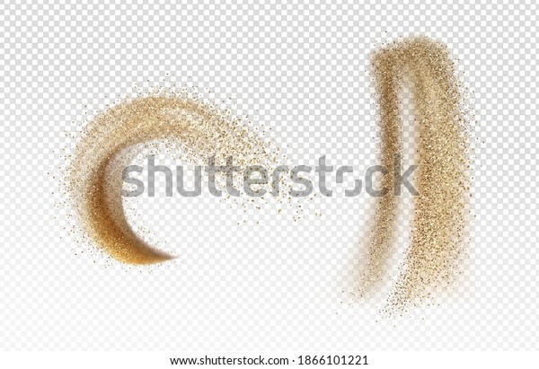 Explosion and pour of gold sand, falling dust with\
glitter particles isolated on transparent background. Vector\
realistic set of yellow sand powder splashes and clouds. Motion\
effect of shimmer\
flows