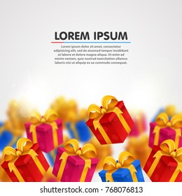 Explosion of presents. Light background with present boxes. Vector illustration