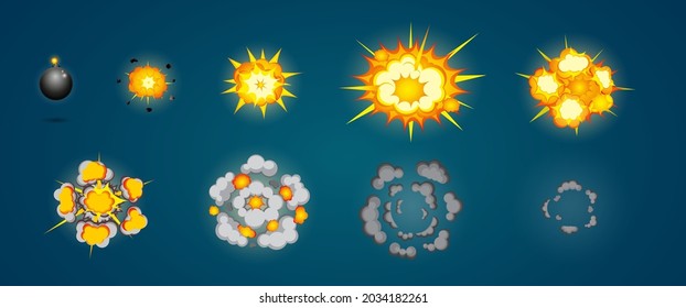 explosion process cartoon style, detonating explosives with subsequent phases. eps format