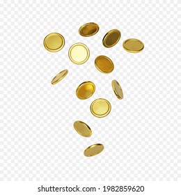Explosion of realistic gold coin on transparent background.Cash treasure concept. Jackpot or casino poker win element. Falling or flying money. Vector 
