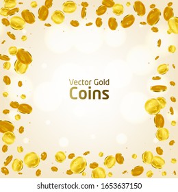 Explosion of realistic gold coins with place for text on black background, vector illustration. Jackpot or success concept.