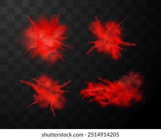 Explosion of red dust on a transparent background. The vector set includes four illustrations showing various dusty explosions with clouds of smoke for design projects.