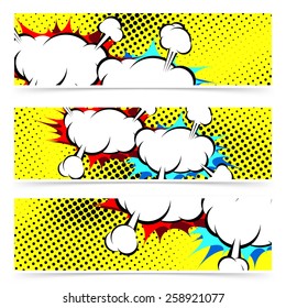 Explosion retro pop art cloud collision concept header collection of banners or footers. Vector illustration