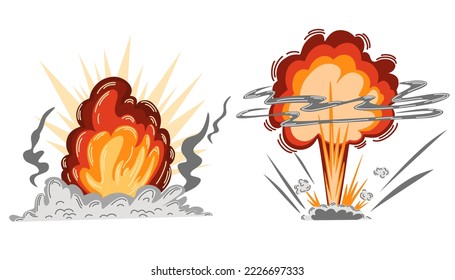 Explosionssatz. Cartoon-Dynamit oder Bombenexplosion, Feuer. Boom Wolken und Rauch Element. Gefährliche Sprengzündung, Atombombenexplosion. Vektorhandzeichnung.