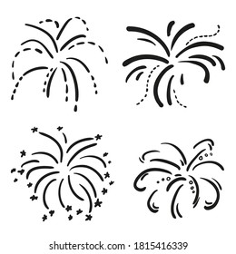 Explosion. Set of holiday fireworks on isolated white background. Black and white illustration