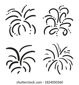 Explosion. Set of holiday fireworks on isolated white background. Black and white illustration