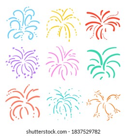 Explosion. Set von Feiertagsfeuerwerken auf isoliertem weißem Hintergrund. Farbige Illustration