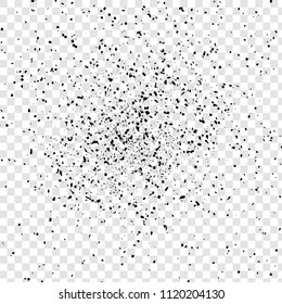 Explosion shatter concept isolated on transparent background, vector illustration. Many black sharp particles randomly flying in the air. Black glass pieces on white.