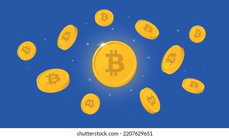 Explosion of shiny and floating Bitcoin coins. BTC cryptocurrency isolated on blue background.