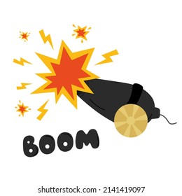 An explosion and a shot from a pirate cannon shell. Pirate cannon with bombs. Explosion. Boom. Vector illustration for a design on a white background