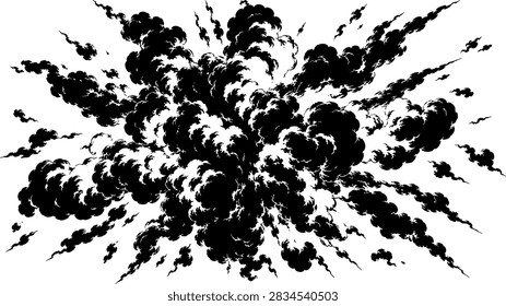 Explosion Smoke Vector featuring dense billowing smoke formations expanding outward with powerful movement, turbulent overlapping forms, irregular cloud edges, tapered extensions, and varied smoke density. The concentrated central mass transitions into fragmented and dispersed outer formations, creating a dramatic dynamic effect. Ideal for posters, apparel, advertising, album artwork, gaming graphics, typography, branding, editorial design, and action-themed compositions.
