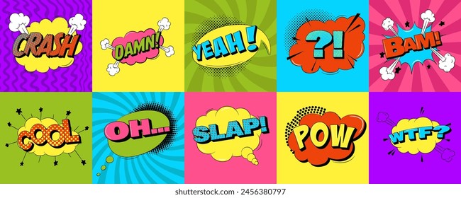 Explosion speech bubbles with text in trendy pop art style. Comic sound effects