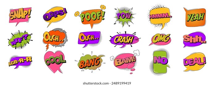 Explosion speech bubbles with text in trendy retro style. Comic sound effects.