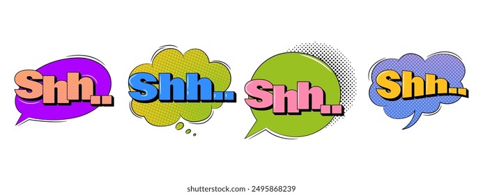 Explosion speech bubbles with text in trendy retro style. Comic sound effects. Shh text