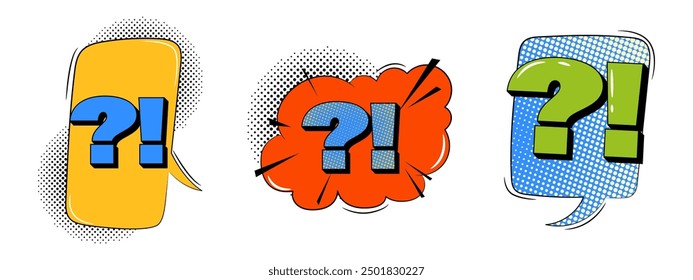 Explosion speech bubbles with text in trendy retro style. Comic sound effects. Question mark.