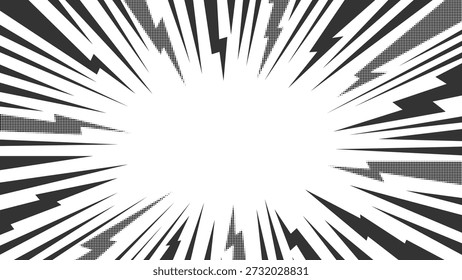 Fundo de Pop Art de Linhas de Velocidade de Explosão com Raios de Meio Tom. Banner de anúncios de mangá retrô de alto contraste preto e branco. Poderosos efeitos de Sunburst para cartazes. Ilustração vetorial