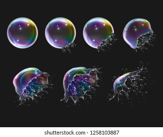 Explosion stages of realistic glossy round rainbow soap bubbles on black background isolated vector illustration