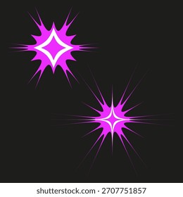 Explosion star burst. Dynamic spike shapes. Purple light Vector. Dark background element.
