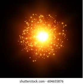 the explosion of a star on a dark background ,light effect,vector illustration. explosion with sparkles.Sun.Special effect isolated on a transparent background.The spark ignites.particles in motion.