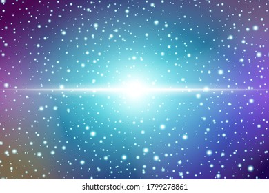 Stern-Explosion mit glänzendem glänzendem Strahl auf buntem, sternennebulanischem Hintergrund im tiefen Raum, Stockvektorgrafik-Fantasy-Tapete