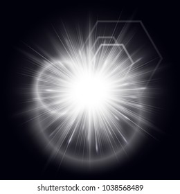 Explosion of a star with shiny particles and bright rays on a black background