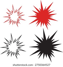 Explosion starburst graphic symbols a sharp outline and a solid black silhouette representing energy burst impact or sudden event set against a plain background for graphic design
