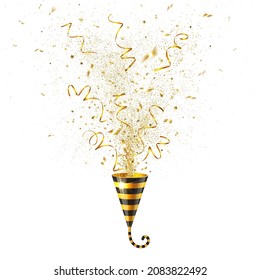 explosion of stylized tiger colored party popper with golden confetti