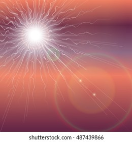 Explosion of the sun in the dark sky. Apocalypse Revelation background. Vector illustration