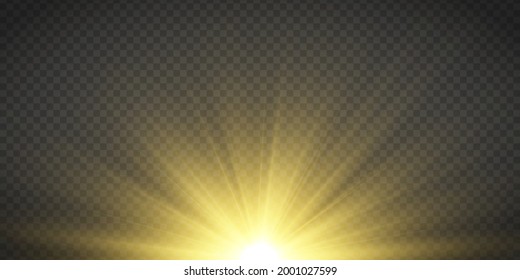 Explosion sun on transparent background. Light flare with golden rays of light and magic sparkles. Abstract golden rays will raise. Sunlight special lens flash light effect. Vector illustration.