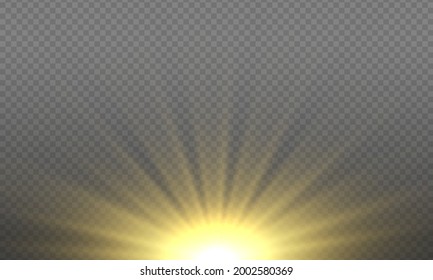 Explosion sun on transparent background. Light flare with golden rays of light and magic sparkles. Abstract golden rays will raise. Sunlight special lens flash light effect. Vector illustration.