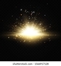 Explosion of the sun Shining golden stars isolated on black background. Effects, glare, lines, glitter, explosion, golden light. Vector illustration. Set.
