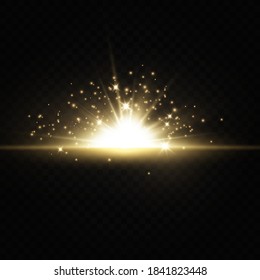 Explosion of the sun Shining golden stars isolated on black background. Effects, glare, lines, glitter, explosion, golden light. Vector illustration. Set.