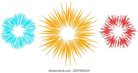 Explosion of sunburst, starburst, or fireworks on a white background in three different colors.