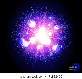 Explosion of supernova. Bright cosmic blue and magenta background. Glowing space. Bundle of energy. Cloud of dust and light on black background. Round abstract composition. Vector illustration EPS 10