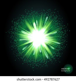 Explosion of supernova. Bright cosmic green fire background. Glowing space. Bundle of energy. Cloud of dust and light on black background. Round abstract composition. Vector illustration EPS 10