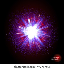 Explosion of supernova. Bright cosmic red purple fire background. Glowing space. Bundle of energy. Cloud of dust and light on black. Abstract composition. Fireworks, holiday. Vector illustration EPS10