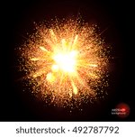 Explosion of supernova. Bright cosmic yellow fire background. Glowing space. Bundle of energy. Cloud of dust and light on black. Fireworks, holiday.  Abstract composition. Vector illustration EPS10