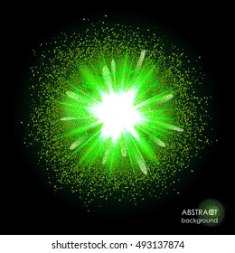 Explosion of supernova. Bright green cosmic or magic background. Glowing space. Bundle of energy. Cloud of dust and light on black background. Magical potion. Halloween. Abstract vector illustration. 
