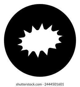 A explosion symbol in the center. Isolated white symbol in black circle. Vector illustration on white background
