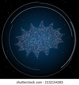 El símbolo de explosión está lleno de puntos blancos. Estilo de puntillismo. Algunos puntos son rojos. Ilustración vectorial sobre fondo azul con estrellas