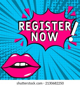 explosion with text Register now vector banner. Free registration. Register now in comic pop art style. Comic advertising concept with Register now wording. Modern Web Banner Element