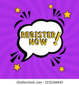explosion with text Register now vector banner. Free registration. Register now in comic pop art style. Comic advertising concept with Register now wording. Modern Web Banner Element