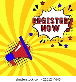explosion with text Register now vector banner. Free registration. Register now in comic pop art style. Comic advertising concept with Register now wording. Modern Web Banner Element