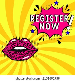 explosion with text Register now vector banner. Free registration. Register now in comic pop art style. Comic advertising concept with Register now wording. Modern Web Banner Element