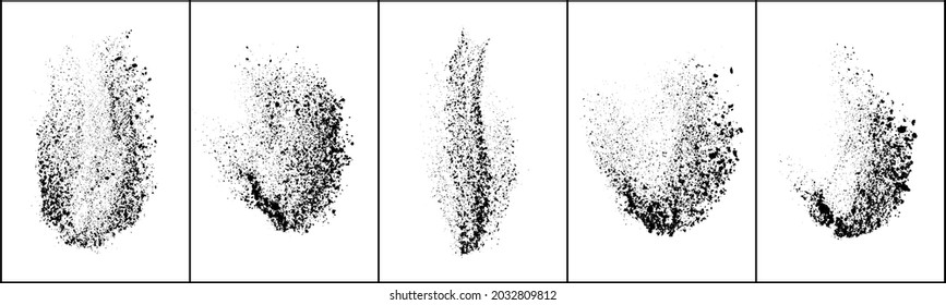 Conjunto de textura de grano negro de explosión aislado sobre fondo blanco. El polvo sobrante texturado. Partículas de ruido oscuro. Elementos de diseño gruesos. Ilustración vectorial, Eps 10.