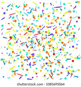 Explosion. Texture with colored elements on white. Geometric background with confetti. Pattern for design. Print for banners, posters, flyers and textiles. Greeting cards