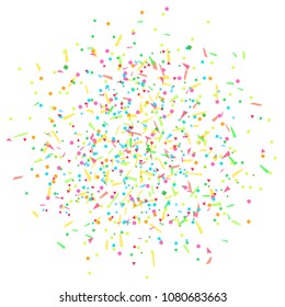 Explosion. Texture with colored geometric elements on white. Geometric background with confetti. Pattern for design. Print for banners, posters, flyers and textiles. Greeting cards