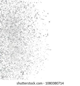 Explosion. Texture with silver glitters on white. Geometric background with confetti. Pattern for design. Print for banners, posters, flyers and textiles. Greeting cards