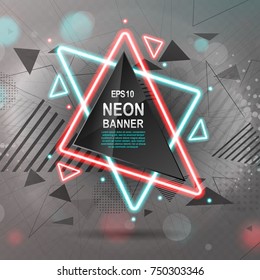 Explosion triangle banner. Black triangular banner with red and blue neon lights vector illustration
